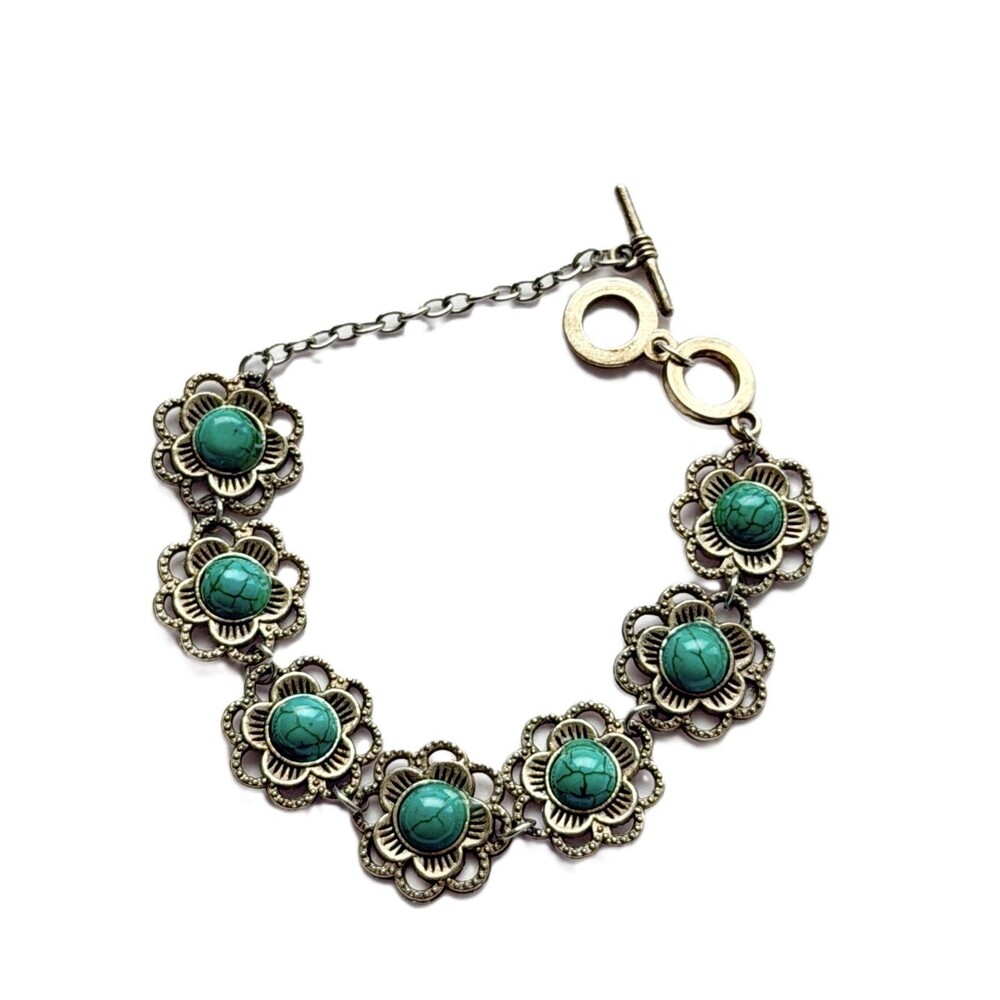 Vintage  Silver Tone Faux Turquoise Floral Link Chain Toggle Clasp Bracelet
